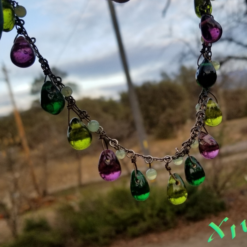 Heavy sterling silver chain with multi colored art glass drops